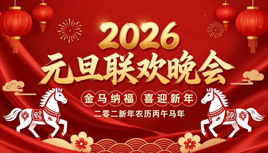 2026元旦联欢晚会：喜庆金色书法主题海报