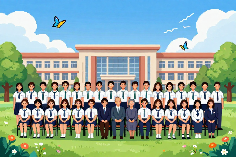 青春定格！男女均衡的高中毕业照像素插画