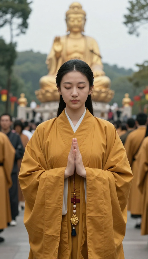 素衣女子在古刹中虔诚叩拜的庄严瞬间