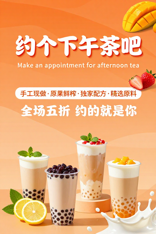 橙色渐变下午茶促销海报:温馨活力折扣邀约