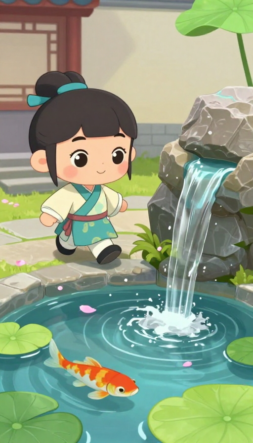 Q版雅士静听无声水，皮克斯风庭院诗意画