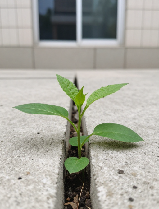 墙缝绿芽破土而生:自然生命力与城市建筑的诗意对话