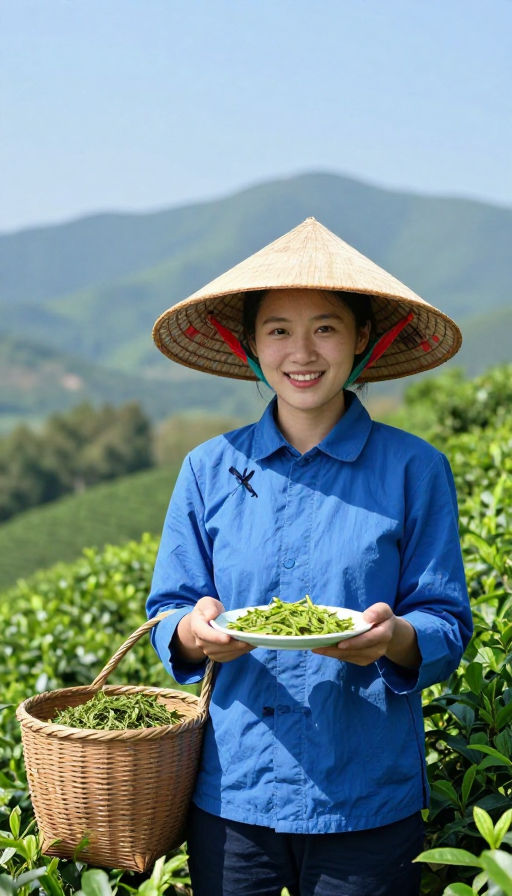 青翠茶山中的笑容：斗笠蓝衫少女盛满新茶