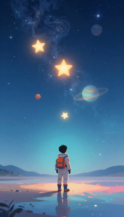 星空少年：梦幻夜空下的宁静幻想插画