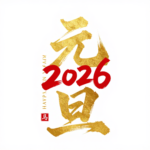 金色水墨‘元旦’书法设计，搭配2026红色字体与印章