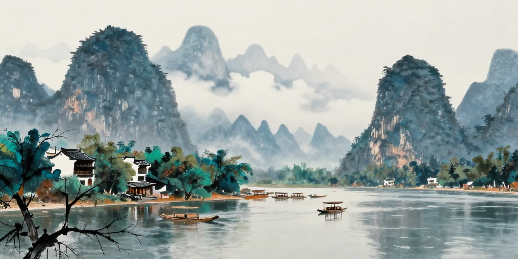 水墨漓江:诗意水乡的国画笔意