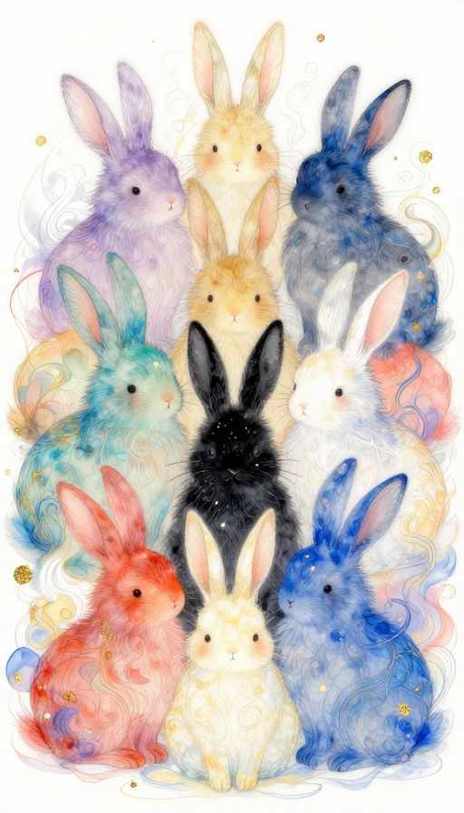 幻彩兔群与神秘黑兔的治愈插画