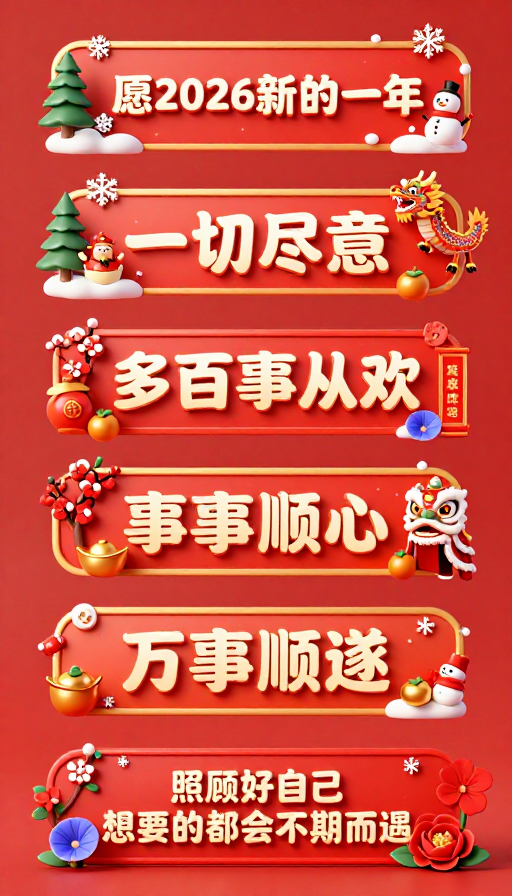 2026冬日新年祝福：C4D渐变红色立体标题插画
