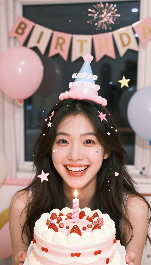 甜蜜笑容开启人生新章：粉色生日派对特写