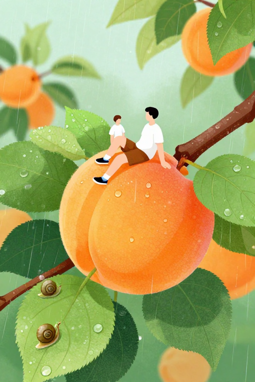 雨中杏林奇遇：人物与巨杏的清新插画