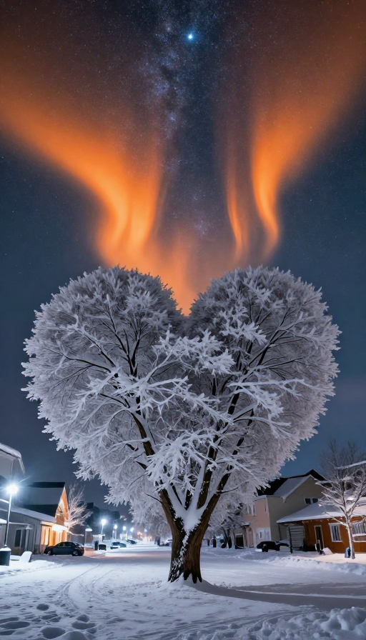 极光雪夜奇观:爱心碎须树幻梦