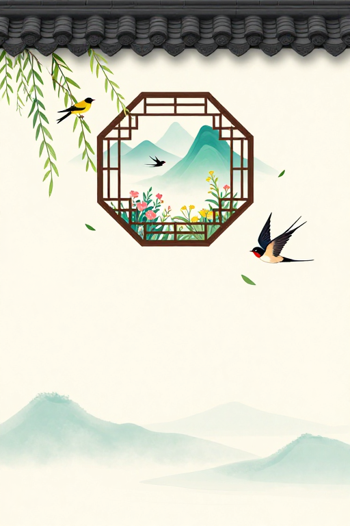 淡雅宣纸风中国风插画：山水燕影与黄鹂