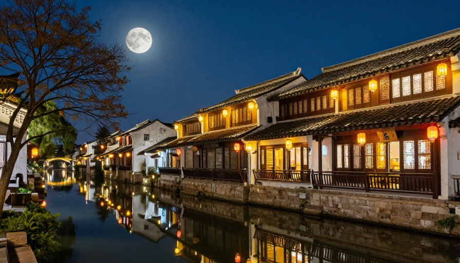 古韵江南夜：水乡灯火与月华交融的静谧画卷