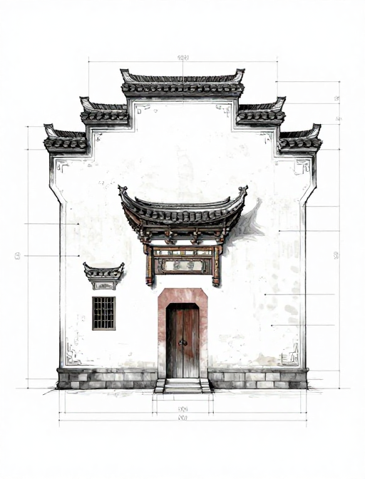 徽派建筑CAD素描图：铅笔线条勾勒古韵