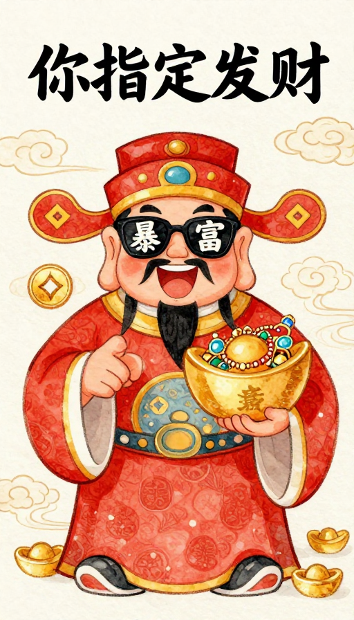 财神泼墨新绘：墨镜戴财宝，水彩红韵迎富贵