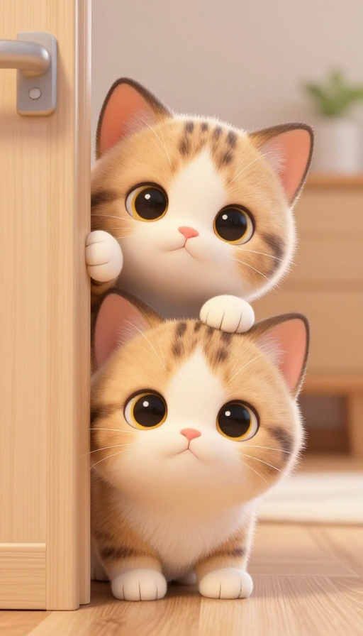呆萌小奶猫探门缝,超治愈3D插画