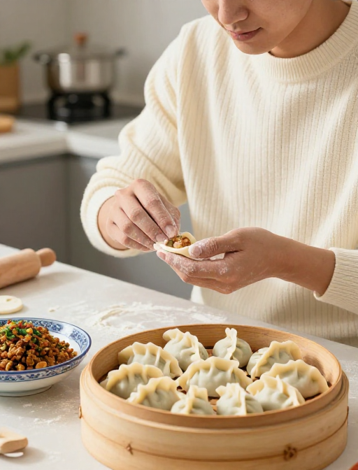 暖光厨房中专注包饺子的亚洲青年