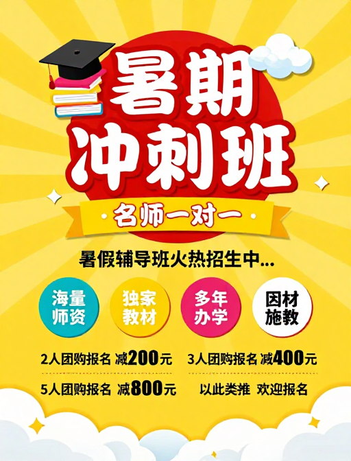 暑期冲刺班火热招生，名师一对一教育宣传海报