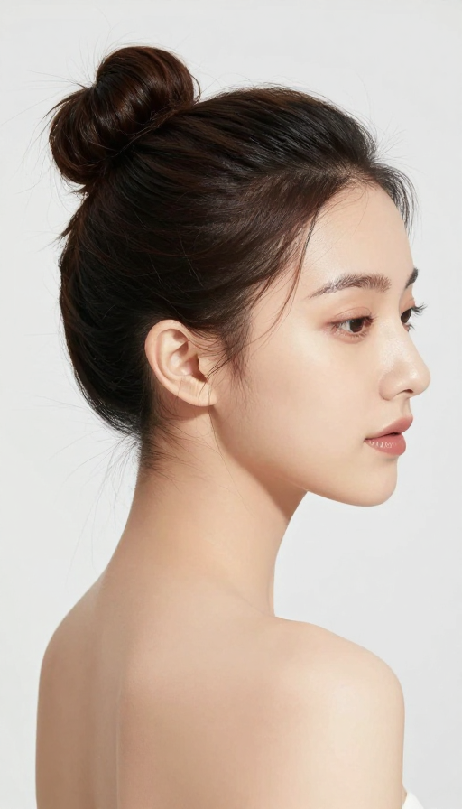 高清丸子头美女侧颜写真,细腻肌肤质感展现