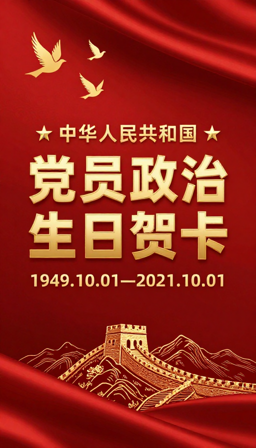 红金绸缎背景党员政治生日贺卡设计