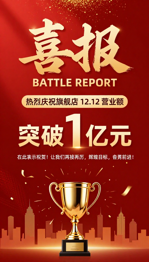 红色金彩商务喜报：旗舰店业绩突破一亿庆祝海报