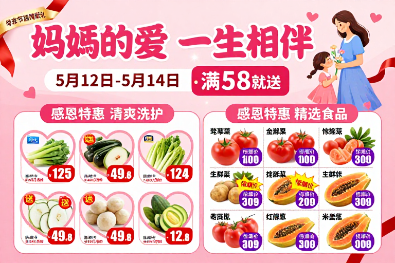 母亲节温情促销海报：感恩献礼 好礼相伴