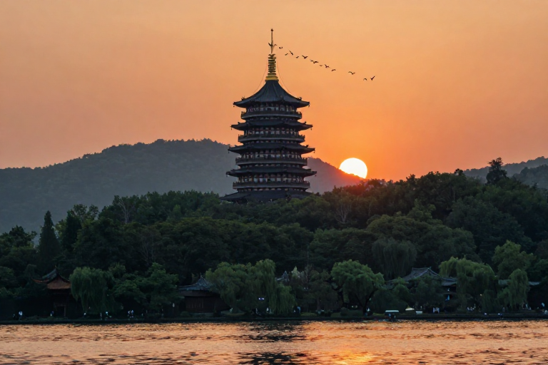 雷峰塔日落逆光摄影：中式古塔与湖山剪影