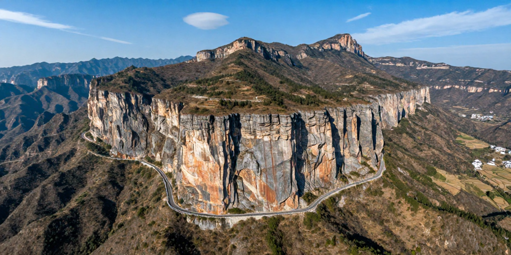 险峻山崖上的蜿蜒公路，壮丽自然光影