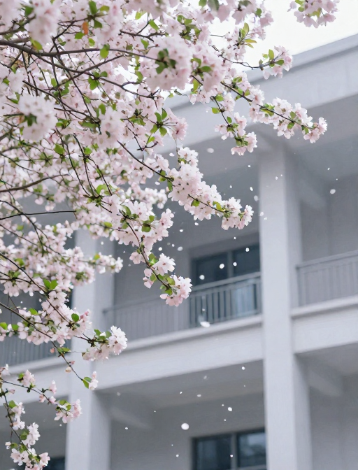 海棠花雨与现代建筑交融的圣洁初雪