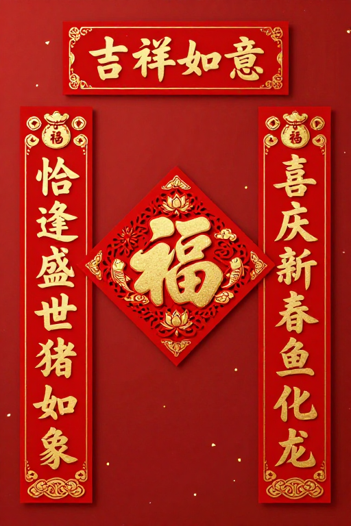 红金立体春节对联 吉祥富贵中国风设计