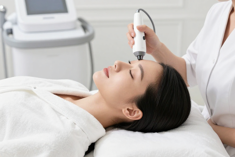 高端美容护理：亚洲女性面部射频治疗实拍