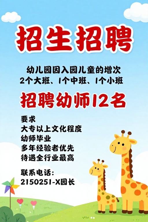 童趣清新幼儿园招生海报，活力满满迎新生