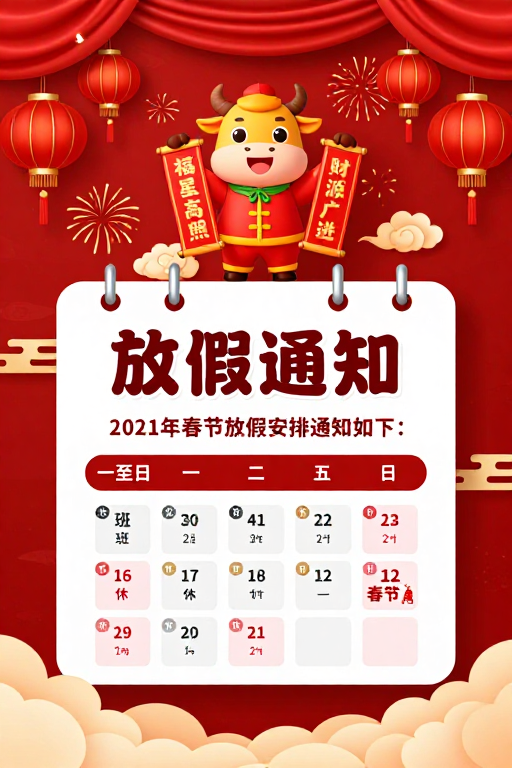 春节喜庆中国风海报：2021年放假安排通知
