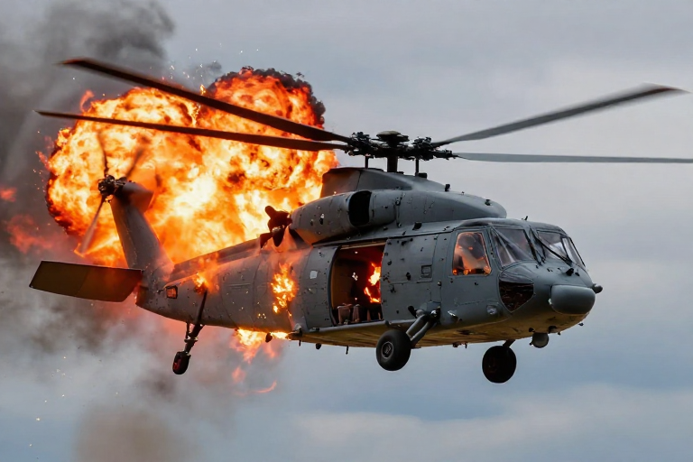 军用直升机穿越爆炸火球震撼瞬间