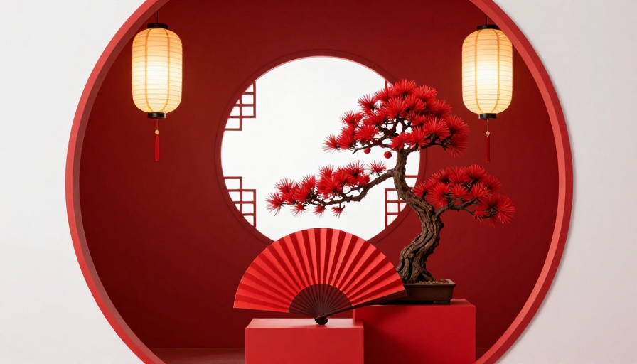 红白新中式节日装饰:灯笼松树光影艺术