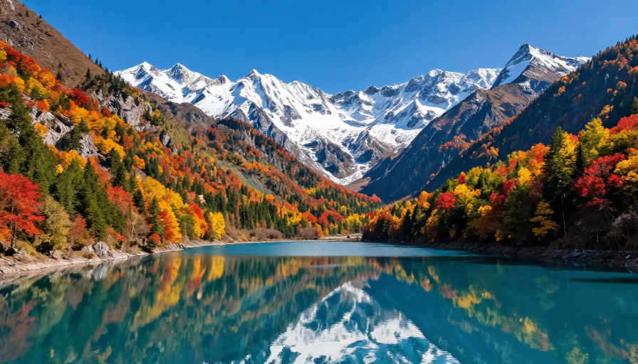 秋日山谷：碧湖映雪峰彩林