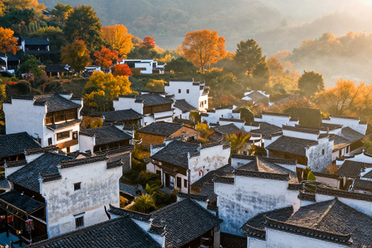 徽派古韵晨曦秋景
