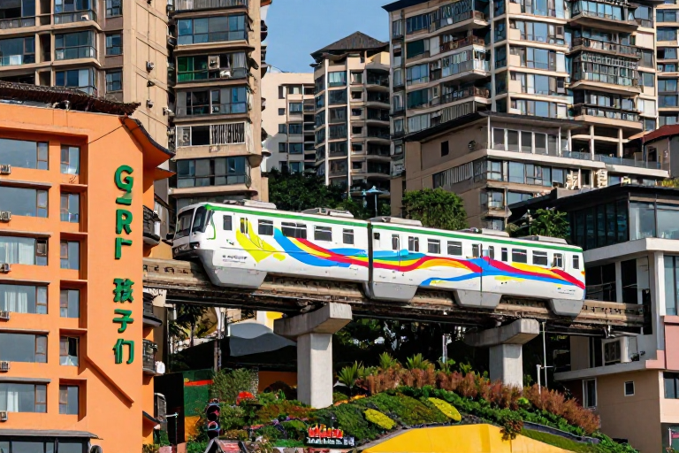 重庆轻轨彩列车穿梭都市光影