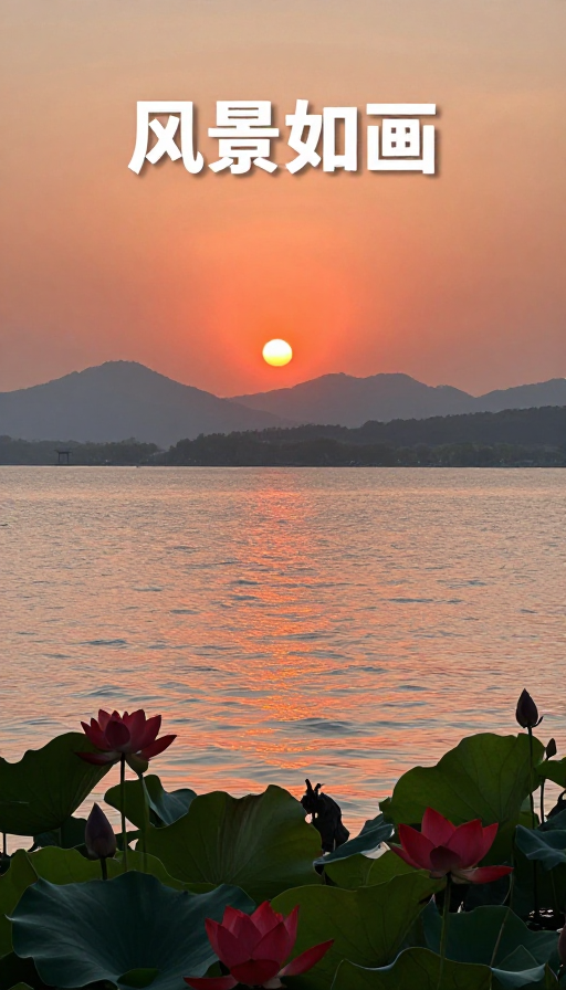 宁静日落湖景：橙红阳光映碧波红花绿叶