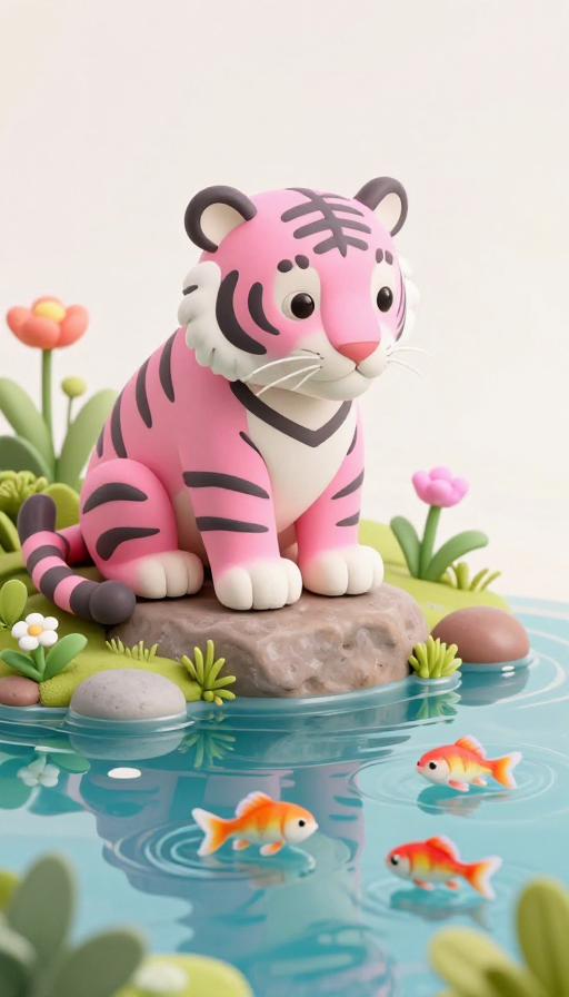 粉色老虎凝望游鱼,微景观呈现几米艺术3D立体
