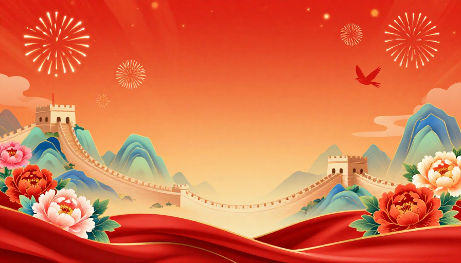 国潮节庆：红金烟花长城璀璨插画背景