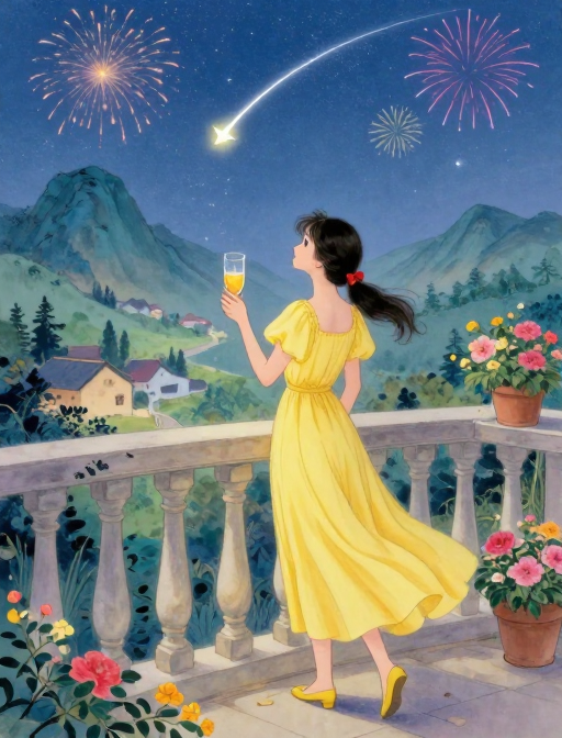 古典国画风中，鹅黄裙女孩观流星与花火同框于山水村落
