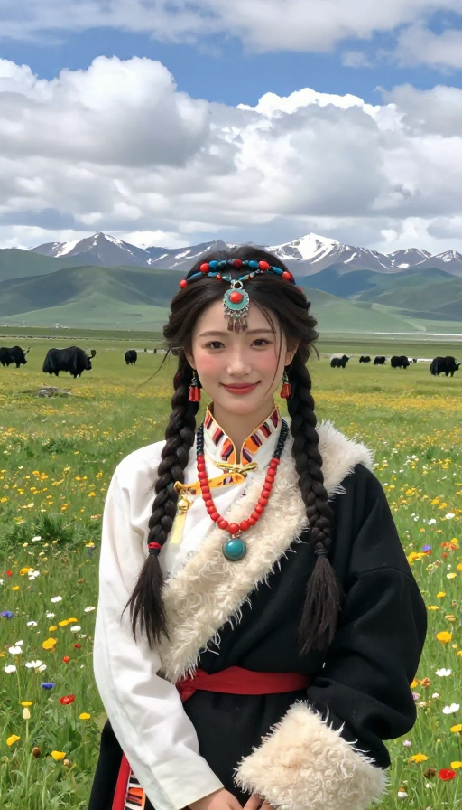 卓玛少女草原写真:雪山牦牛下的藏族风情