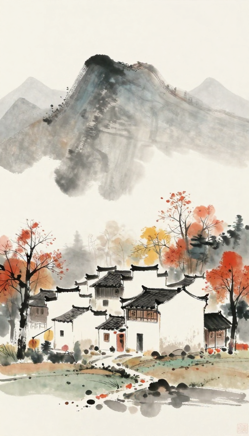 水墨秋韵，静谧村落，中国风治愈风景