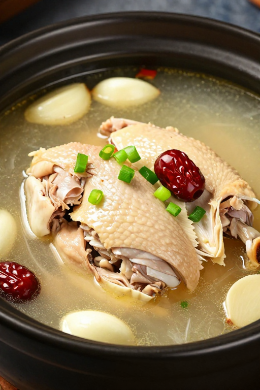 清亮金黄中式鸡汤特写,黑陶砂锅呈现温暖诱人食欲