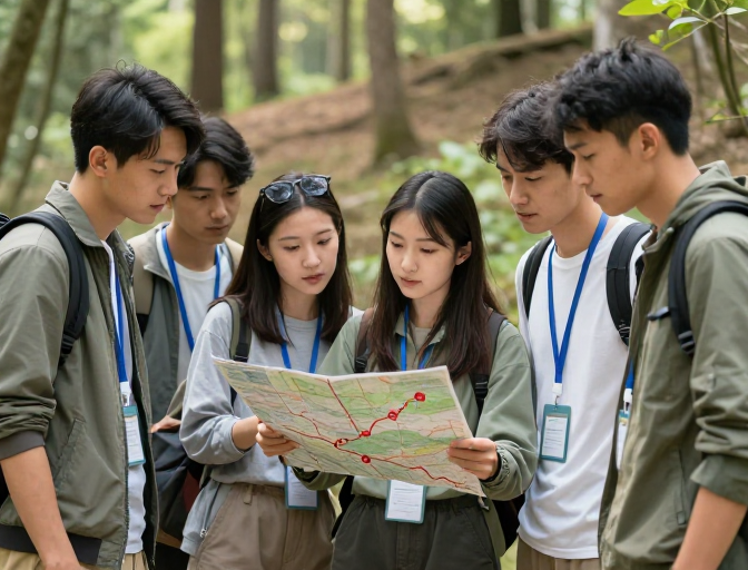 团队探索自然：五人专注研读地图的户外研学瞬间