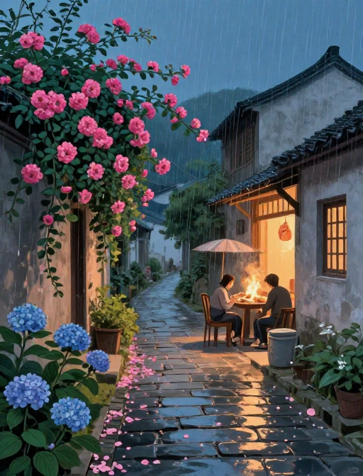 雨夜花巷温暖人间烟火插画图