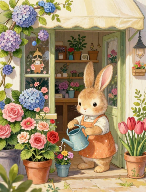 小兔子暖心开花店：治愈系细节满满插画
