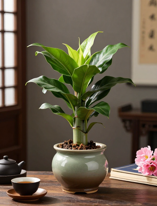 中式雅致空间：宁静水培巴西木与茶具书香