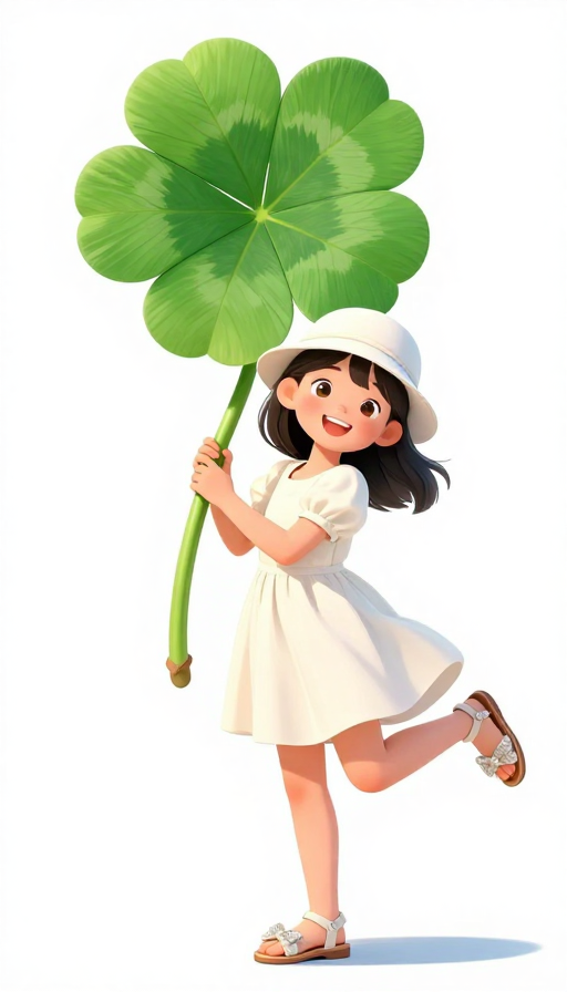 国漫风开心少女扛四叶草,阳光与好运的欢乐瞬间